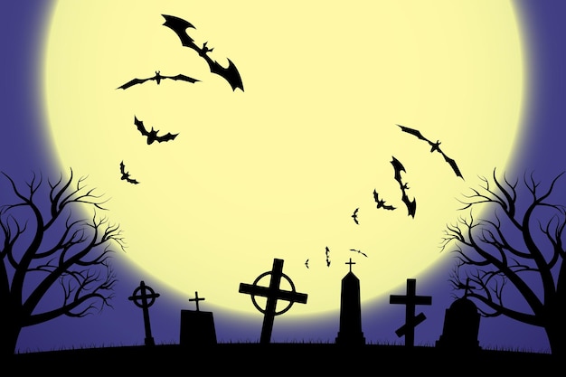 Halloween scary graveyard background with trees crosses and bats Halloween Silhouette of a tombstone Printed labels and decorations for office crafts template Vector illustration