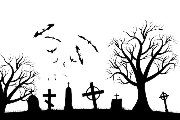 Halloween scary graveyard background with trees crosses and bats Halloween Silhouette of a tombstone Printed labels and decorations for office crafts template Vector illustration