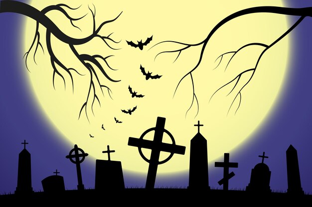 Vector halloween scary graveyard background with trees crosses and bats halloween silhouette of a tombstone printed labels and decorations for office crafts template vector illustration