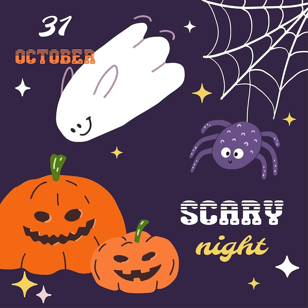 Halloween scary night card design with cute flying ghost, spider web, pumpkins. Kids Helloween party