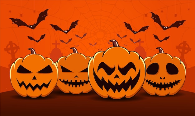 Halloween scary poster Banner with Orange Pumpkin grave bat and spider Vector Illustration