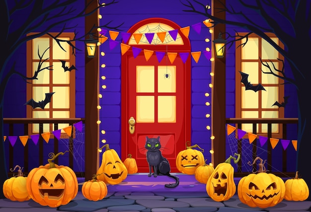 Vector halloween scary pumpkins on holiday door porch