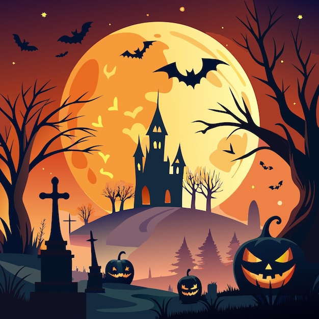 a halloween scene with a castle and a full moon in the background