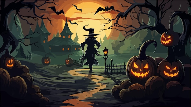 Vector a halloween scene with a pumpkin and a witch on the wall