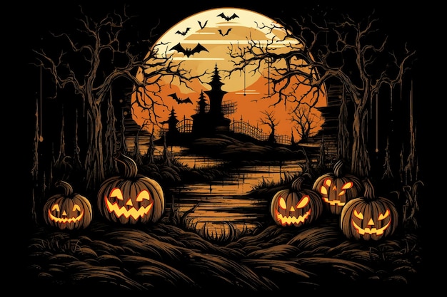 A halloween scene with pumpkins and a full moon