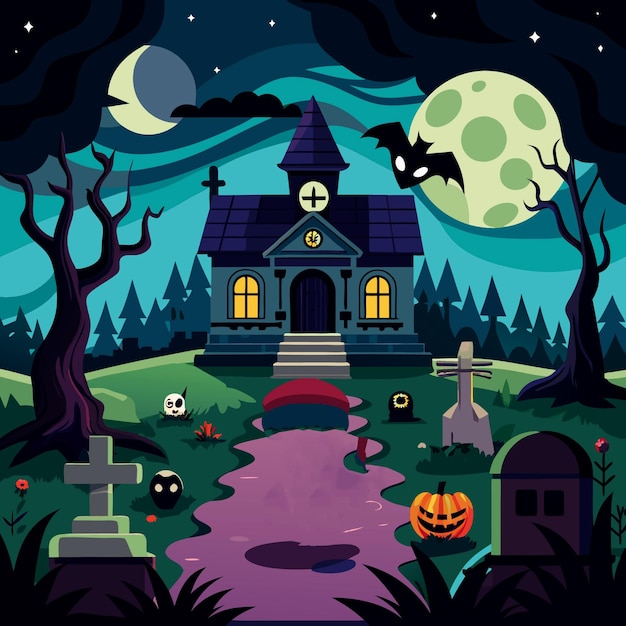 a halloween scene with a spooky house and a spooky graveyard