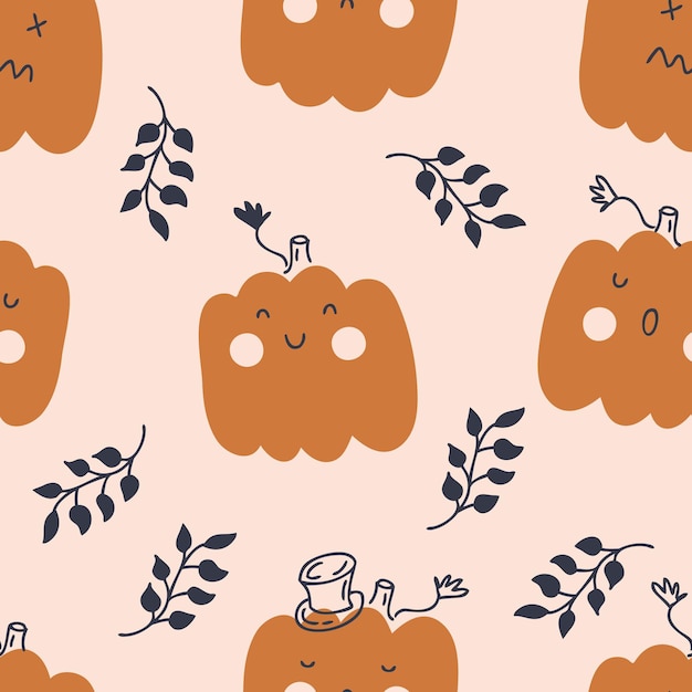 Halloween seamless autumn pattern with pumpkins and leaves Perfect for Tshirt textile and prints Hand drawn vector illustration for decor and design