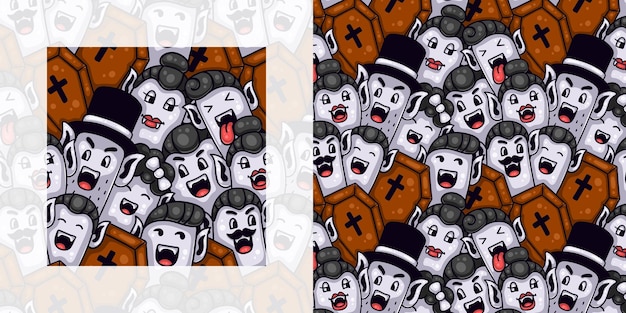 Halloween seamless doodle pattern of cute vampires and coffins