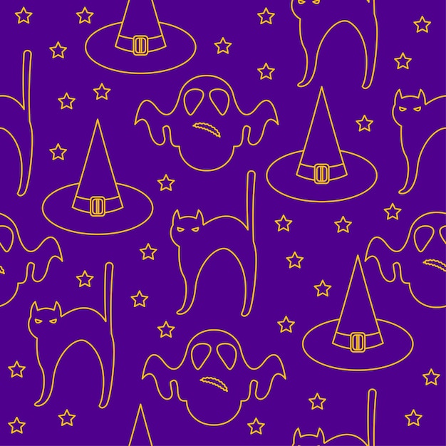 Halloween seamless pattern background. Abstract halloween sketch elements isolated on purple cover.Handmade pattern  for design card, invitation, poster, banner, menu, notebook, album etc.