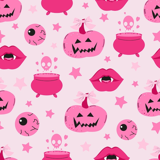 Vector halloween seamless pattern background design with funny pink pumpkin witch cauldron and other scary