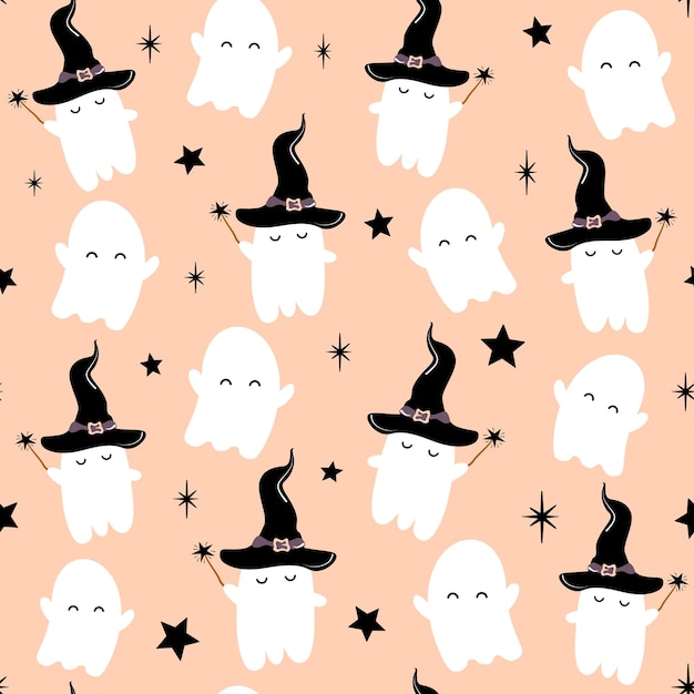 halloween seamless pattern background illustration with baby ghost and  stars