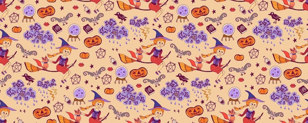 Halloween seamless pattern background with holiday symbols