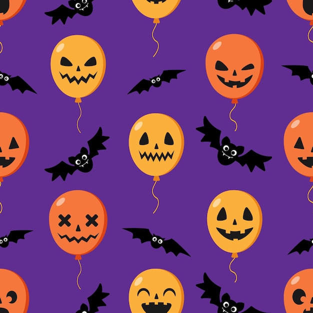 Halloween seamless pattern of colorful balloons and bats