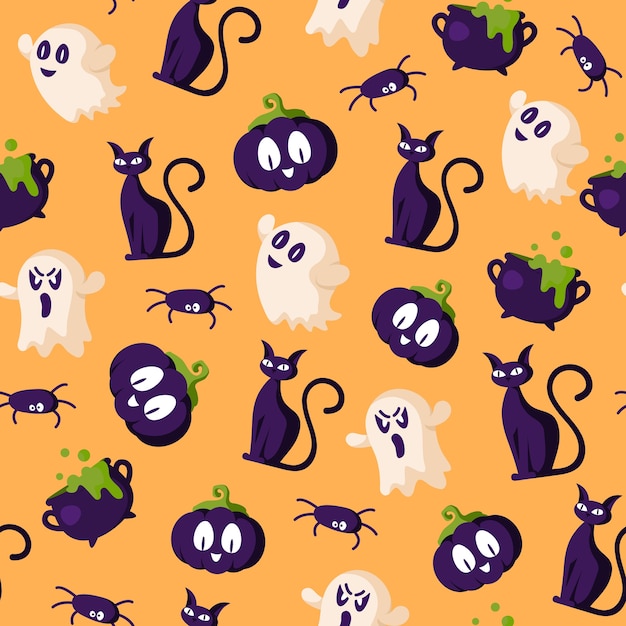 Halloween seamless pattern - creepy pumpkin lanterns, ghost, black cat, cauldron, spider