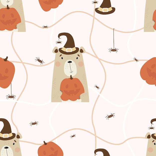 Halloween seamless pattern Cute bear in witch hat with pumpkin Jack on light background with spiders