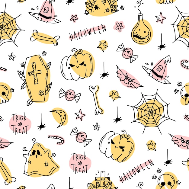 Halloween seamless pattern in hand drawn doodle style on white background