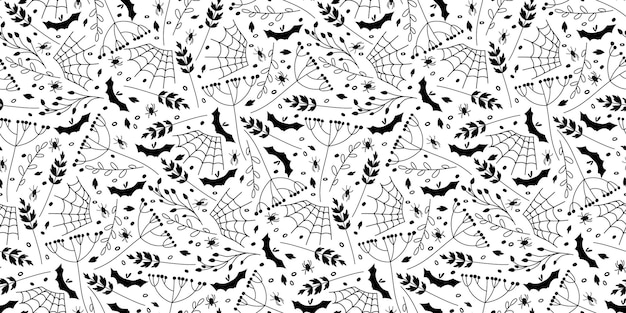 Halloween seamless pattern. Hand drawn Halloween holiday sketch design. Black white dry plants, bat