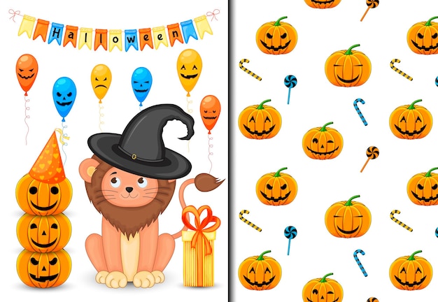 Halloween seamless pattern and holiday card Cartoon style Vector illustration