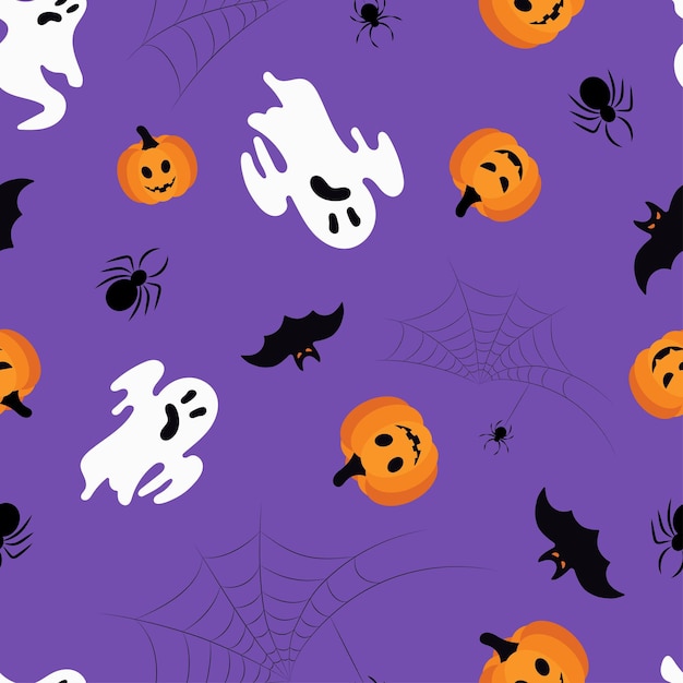 halloween seamless pattern on lilac pumpkin, ghosts, bat