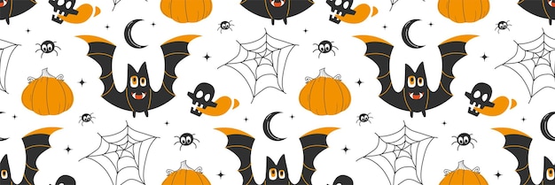 Halloween seamless pattern Orange spooky pumpkins and bat Vector flat illustration Halloween background Pattern for background printing on wrapping paper wallpaper or fabric