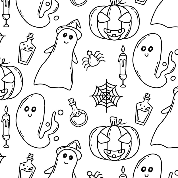 Halloween seamless pattern Pattern with ghost and pumpkin Doodle style Vector illustration