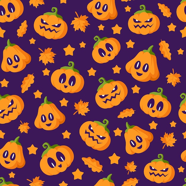 Halloween seamless pattern - pumpkin lanterns with scary faces on dark background