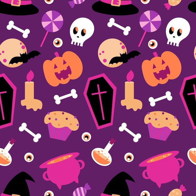 Halloween seamless pattern on a purple background. Cartoon