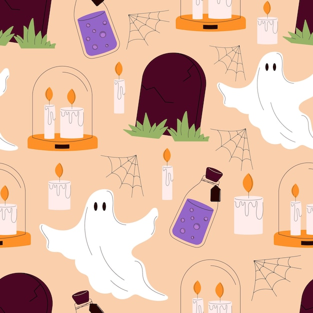 Halloween seamless pattern tombstone ghost candles spiderweb vector flat Illustration