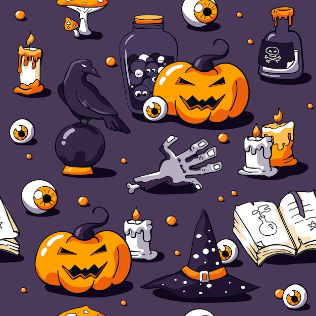 Halloween seamless pattern on violet 