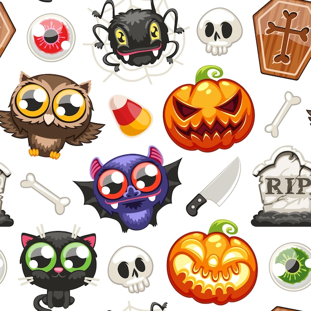 Halloween Seamless Pattern with Cartoon Characters