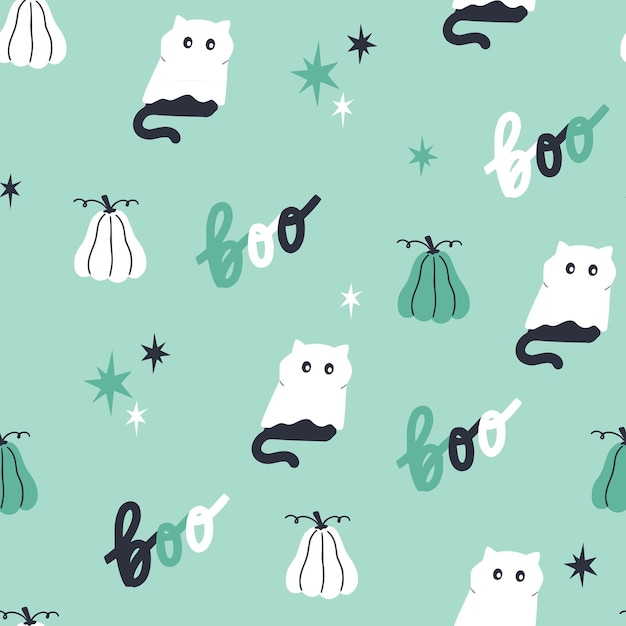 Halloween seamless pattern with cats and pumpkins Vector cartoon design