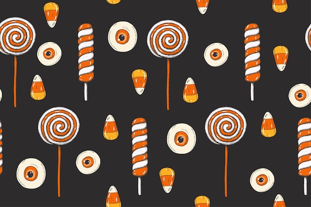 Halloween Seamless pattern with  colored hand made  sweets, candy corn, lollipops in sketch style.