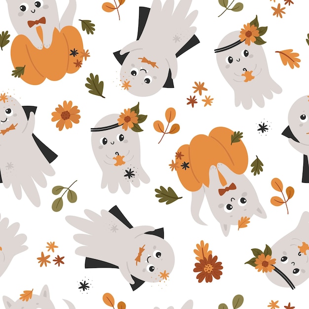 Halloween seamless pattern with cute ghosts.