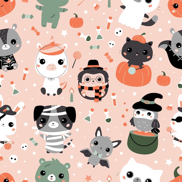 Halloween seamless pattern with cute kawaii animals in different costumes