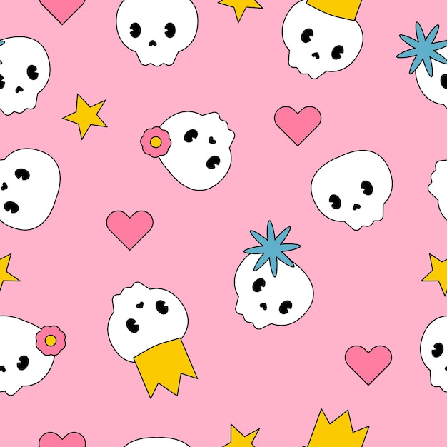 Halloween seamless pattern with cute kawaii skulls on pink background Cartoon characters with flowers crowns hearts and stars Vector illustration