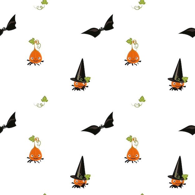 Halloween seamless pattern with cute pumpkin and vampire bat, cartoon flat vector illustration.