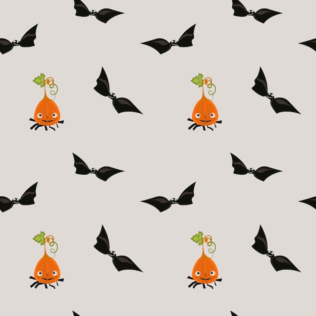 Halloween seamless pattern with cute pumpkin and vampire bat, cartoon flat vector illustration.