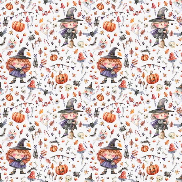 Halloween seamless pattern with cute witches, pumpkins, fly agaric, bats in cartoon style. Witches,