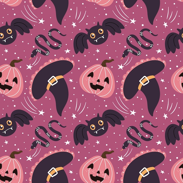 Vector halloween seamless pattern with different cute cartoon objects