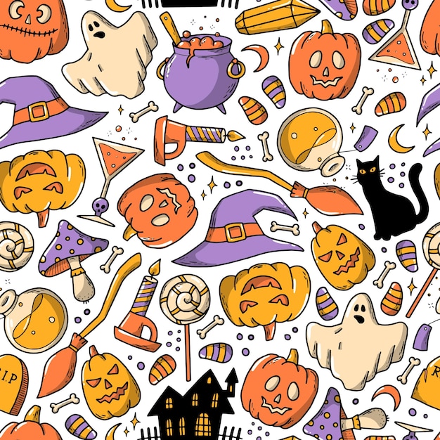 halloween seamless pattern with doodles