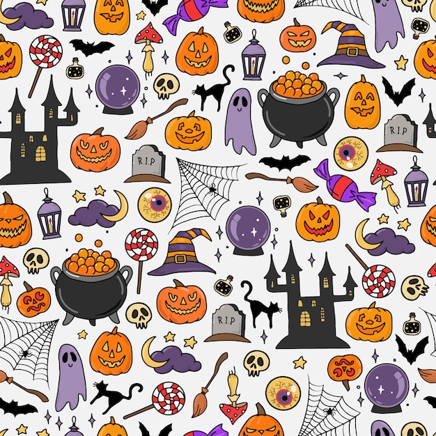 Halloween seamless pattern with doodles