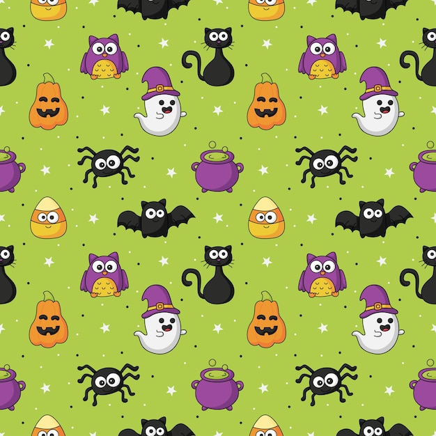 Halloween seamless pattern with funny spooky on green background