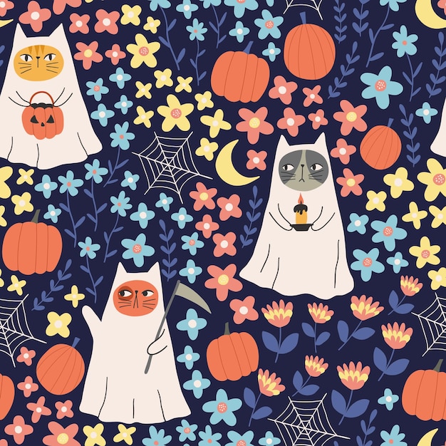 Vector halloween seamless pattern with ghost cats flowers pumpkins on dark background vector