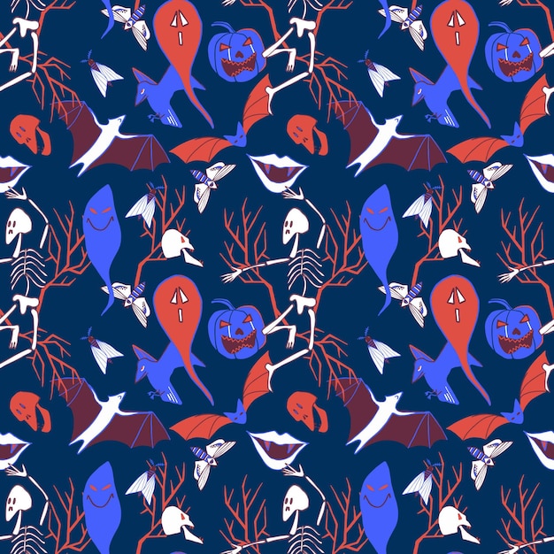 Halloween seamless pattern with ghosts skeletons and bats