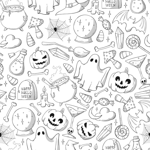 Halloween seamless pattern with hand drawn doodles for coloring pages, wrapping paper, wallpaper