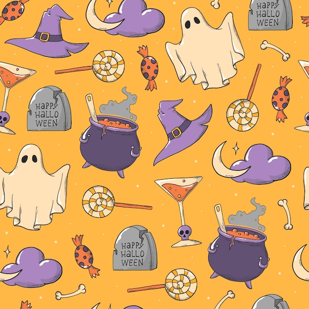 Halloween seamless pattern with hand drawn doodles on orange background for prints, wrapping paper