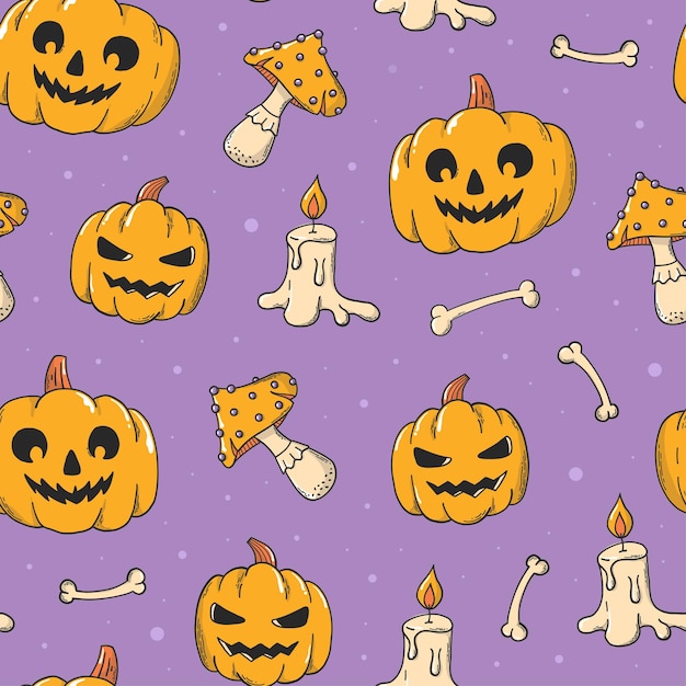 Halloween seamless pattern with hand drawn pumpkins, mushrooms and candles on purple background