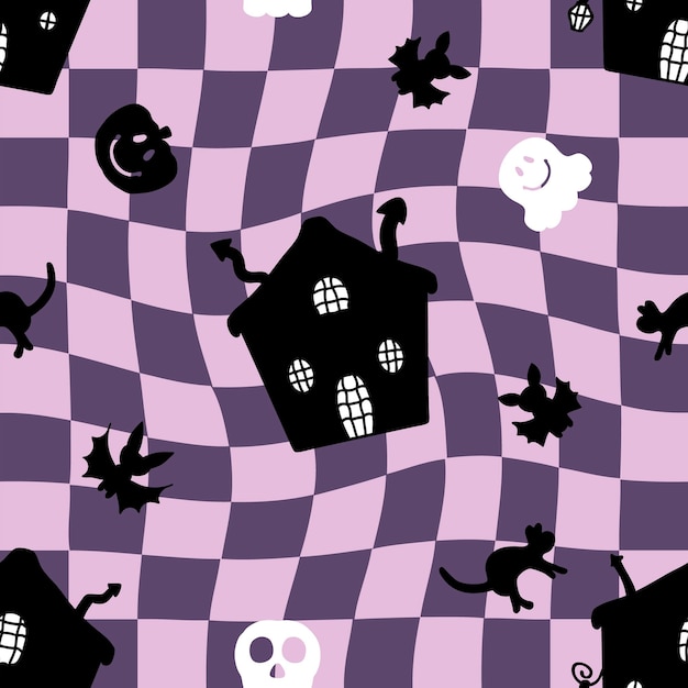 Halloween seamless pattern with houses ghosts cats and bats on a checkered background Retro print for tee paper textile and fabric Groovy vector illustration for decor and design