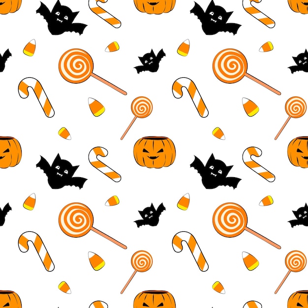 Halloween seamless pattern with pumpkin, bat vampire and candies. Cartoon flat style.