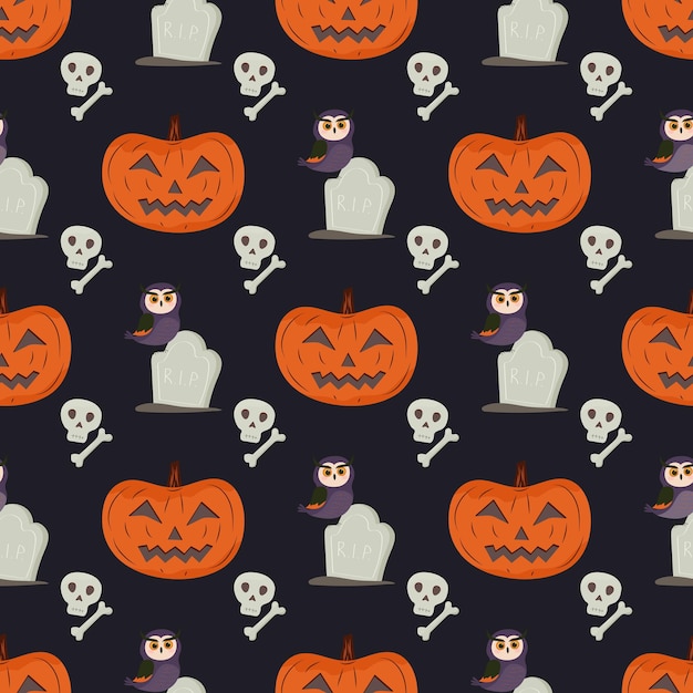 Halloween seamless pattern with pumpkin owl tombstone skull and bone